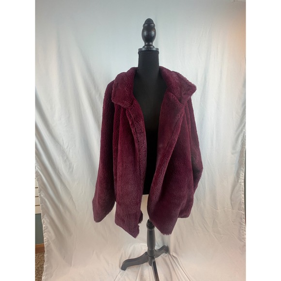 Ava & Viv Jackets & Blazers - Burgundy Faux Fur Teddy Coat Oversized Notched Lapel Open Front Jacket Wine Red